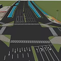 Wide Municipal Road With Clear Lane Markings Green Belts Street Lamps And Pink Flowers