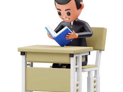 Man Sitting At Desk Reading Blue Book With Chair In Classroom Setting 3d model