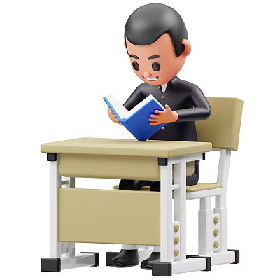 Man Sitting At Desk Reading Blue Book With Chair In Classroom Setting 3d model