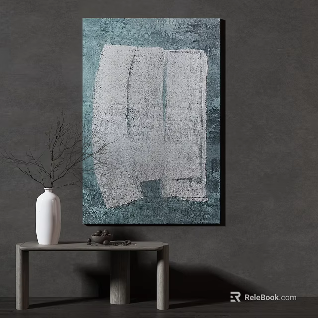 Abstract Painting On Gray Wall With White Vase And Small Table 3d model
