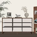 Modern Minimalist Console Table And Side Cabinet With Potted Plant Dried Flowers And Books