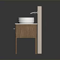 Modern Wooden Bathroom Cabinet With White Countertop And Round Basin And Wall Mounted Faucets