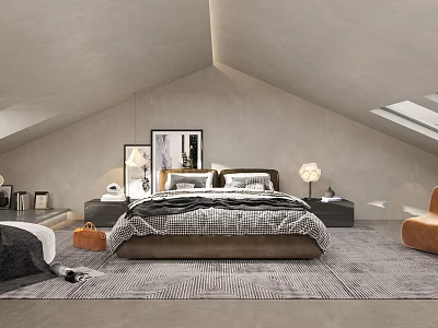 Modern Attic Bedroom Interior With Sloped Ceiling Skylight Bedside Lamps And Plaid Rug 3d model