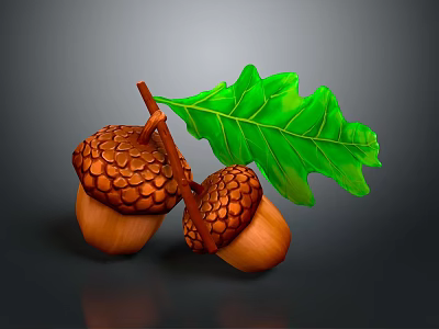 Two Detailed Brown Acorns With Textured Shell And Green Oak Leaf 3d model