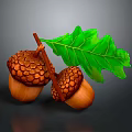 Two Detailed Brown Acorns With Textured Shell And Green Oak Leaf