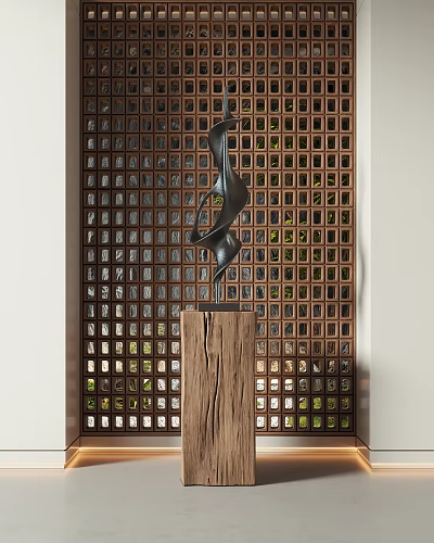 Abstract Black Sculpture Carving On Wooden Base With Grid Patterned Screen And Green Plants 3d model