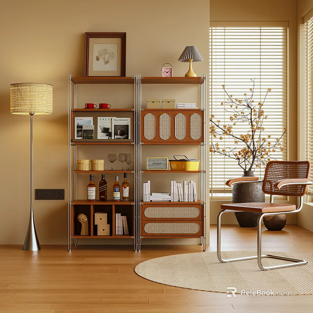 Modern Bookshelf with Books Decorative Items Photo Frame Wine Bottles and Floor Lamp 3d model 