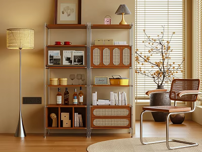 Modern Bookshelf with Books Decorative Items Photo Frame Wine Bottles and Floor Lamp 3d model
