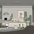 Modern Kids Room Interior With Light Green White Decor Cartoon Painting Desk Wardrobe And Bookshelf