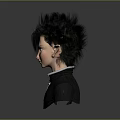 Elf Character With Spiky Black Hair Pointed Ears And Black High Collar Outfit With Zipper