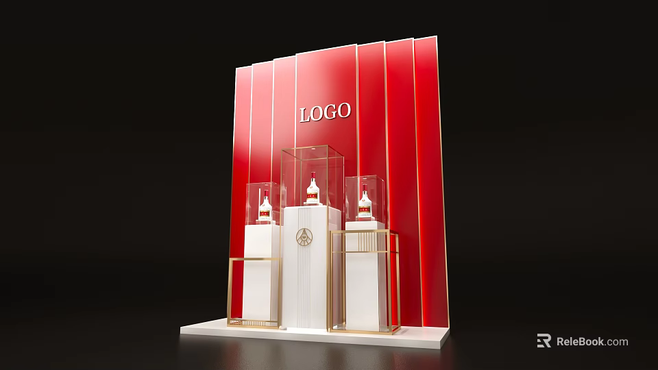 Red Background Display Stand Featuring LOGO White Bottles Golden Frame And Transparent Rack 3d model