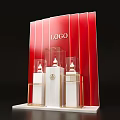 Red Background Display Stand Featuring LOGO White Bottles Golden Frame And Transparent Rack 3d model