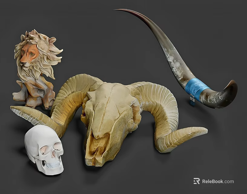 Decorative Ornaments Featuring Ram Skull Human Skull Lion Statue And Horn 3d model 
