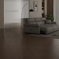 Modern Light Beige Leather Sofa with Round Coffee Table Floor Lamp Green Plant and Rug