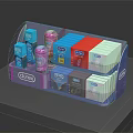 Blue Storage Organizer With Surex Products Colored Boxes And Bottles On Tabletop