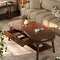 Oval Wooden Coffee Table With Storage Drawers Vase Flowers Lower Shelf Books Modern Living Room