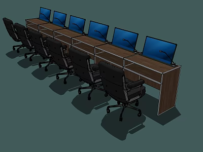 Wooden Office Desks With Multiple Computer Monitors And Black Chairs 3d model