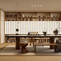 Japanese Tea Room Interior With Wooden Table Shelves Tea Sets And Potted Plants