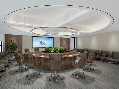 Modern Conference Room With Round Table Large Screen Chandelier And Green Plants 3d model