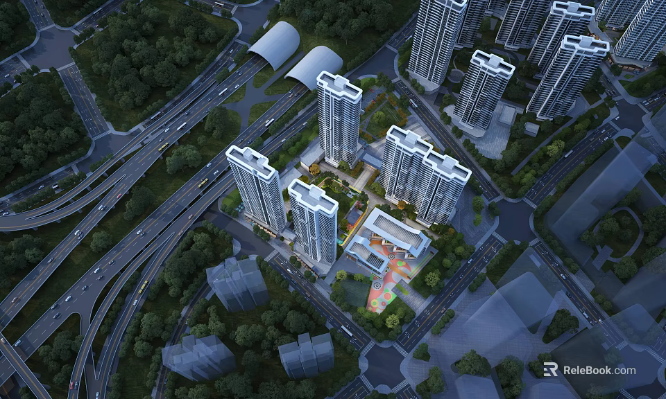 Modern Aerial Planning With High Rise Buildings Road Network Greenery And Urban Layout 3d model 