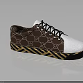 Casual Sneakers With Brown Pattern White Upper Black Laces And Yellow Black Striped Sole