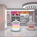 Modern Retail Store Interior With Round Display Counters Shoe Racks And Colorful Lighting