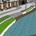 Modern Scenic Waterfront Landscape With Promenade People Walking High Rise Buildings And Green Trees