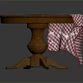 Round Wooden Dining Table With Partially Covered Red And White Checkered Tablecloth 3d model