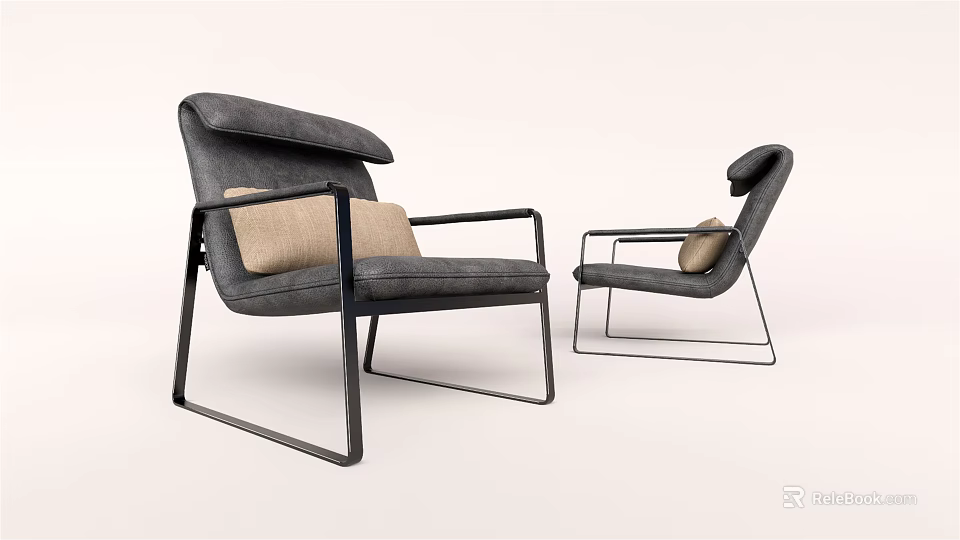 Modern Gray Fabric Lounge Chair With Metal Frame And Accent Pillow Design 3d model 