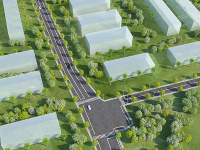 Municipal Road Intersection Layout With Surrounding Buildings Green Trees And Moving Vehicles 3d model