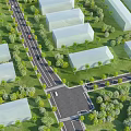 Municipal Road Intersection Layout With Surrounding Buildings Green Trees And Moving Vehicles
