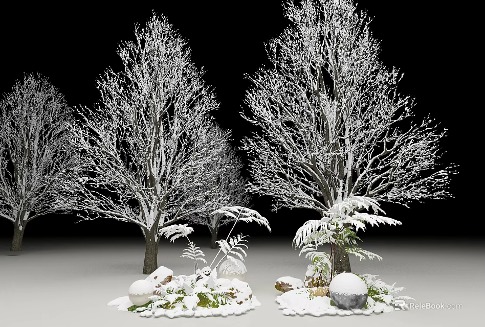 Snow Covered Trees With Small Plants And Stones In Winter Scene 3d model 
