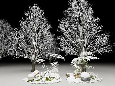 Snow Covered Trees With Small Plants And Stones In Winter Scene 3d model