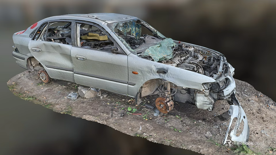 Abandoned Wrecked Silver Car With Front Damage Exposed Engine Surrounded By Debris 3d model 