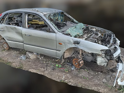 Abandoned Wrecked Silver Car With Front Damage Exposed Engine Surrounded By Debris 3d model