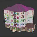 Colorful Cartoon Scene of Multi Story Building with White Brown Exterior and Gray Roof