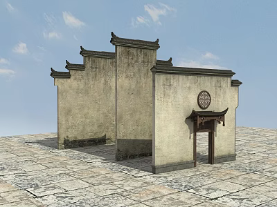 Chinese Traditional Scenic Wall With Gray Surface Tile Roof Round Window And Wooden Door 3d model