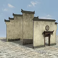 Chinese Traditional Scenic Wall With Gray Surface Tile Roof Round Window And Wooden Door