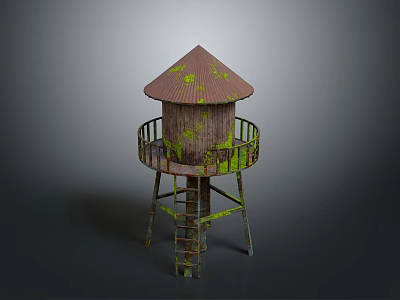 Vintage Rusted Water Tower With Conical Roof Moss Covered Surface And Metal Ladder 3d model