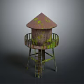 Vintage Rusted Water Tower With Conical Roof Moss Covered Surface And Metal Ladder
