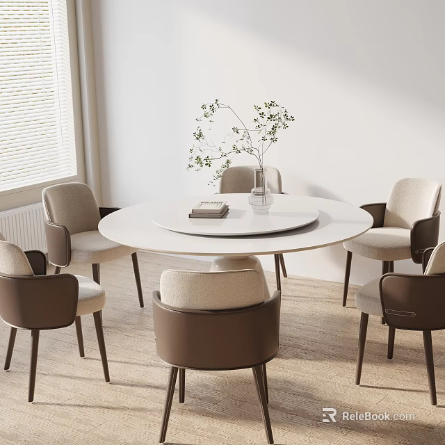 Elegant Modern Dining Table Set with Round Marble Top Beige Brown Chairs and Green Plant 3d model 