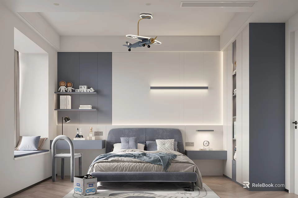 Kids Room Interior With Gray Bed Airplane Pendant Light Desk Bookshelf And Storage 3d model 