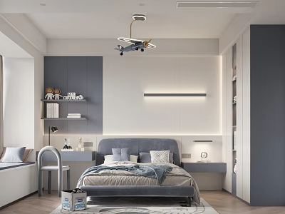 Kids Room Interior With Gray Bed Airplane Pendant Light Desk Bookshelf And Storage 3d model
