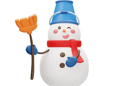 Garden Landscape With Smiling Snowman In Blue Bucket Hat Red Scarf And Orange Broom 3d model