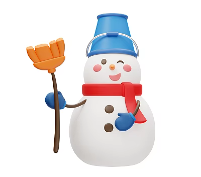 Garden Landscape With Smiling Snowman In Blue Bucket Hat Red Scarf And Orange Broom 3d model