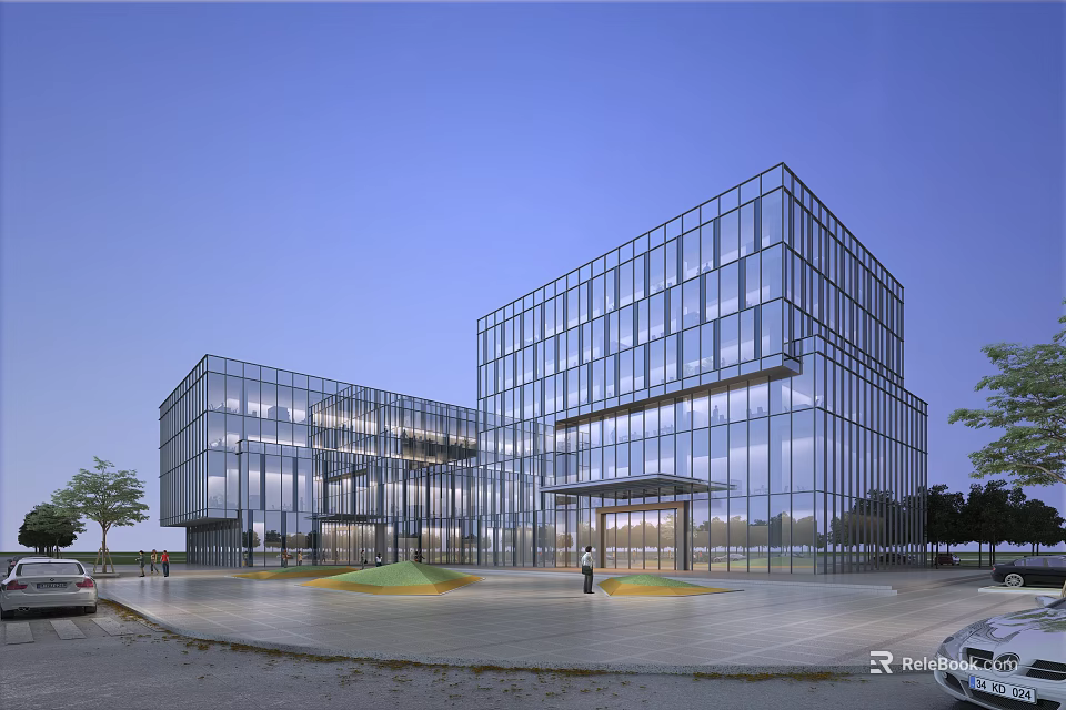 Modern Contemporary Glass Office Building Exterior With Plaza Entrance And Surrounding Trees 3d model 