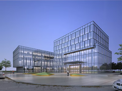 Modern Contemporary Glass Office Building Exterior With Plaza Entrance And Surrounding Trees 3d model