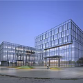 Modern Contemporary Glass Office Building Exterior With Plaza Entrance And Surrounding Trees