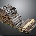 Various Stacked Wood and Stone Pieces with Natural Textures and Colors