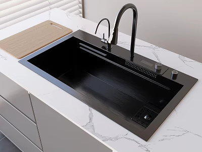 Modern Black Kitchen Sink With Wooden Cutting Board On White Marble Countertop 3d model